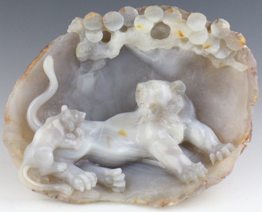 CHINESE CARVED AGATE TIGER & CUB GEODE BOULDER
