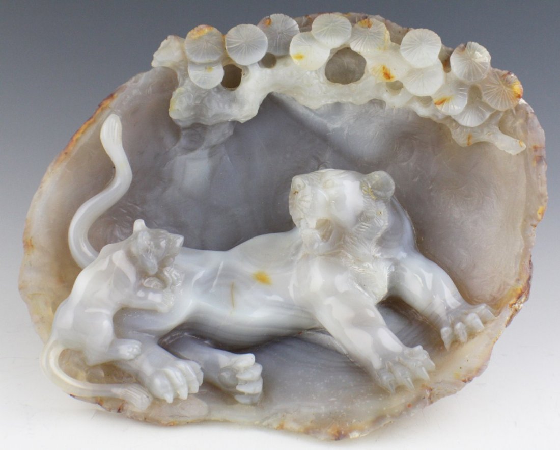 CHINESE CARVED AGATE TIGER & CUB GEODE BOULDER - 2