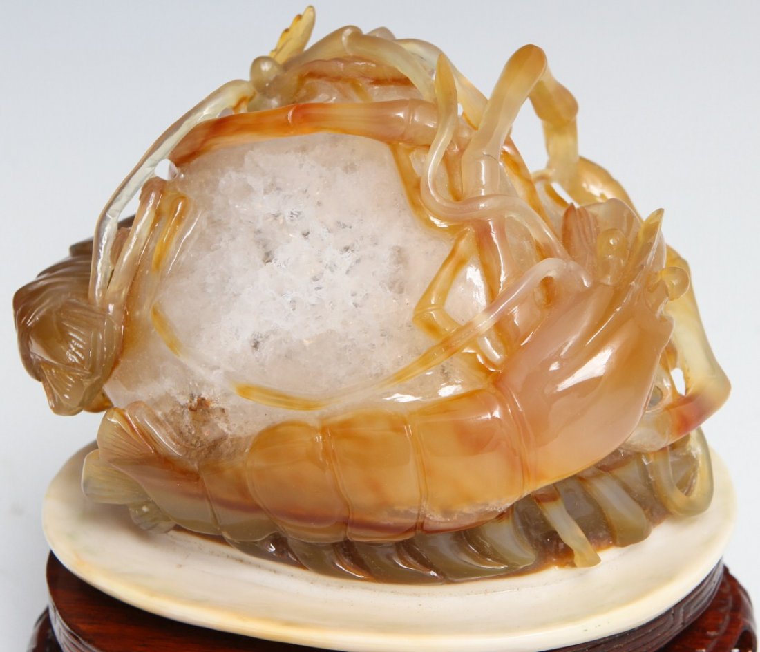 CHINESE STONE CARVING OF CRUSTACEAN WITH WOOD BASE - 2
