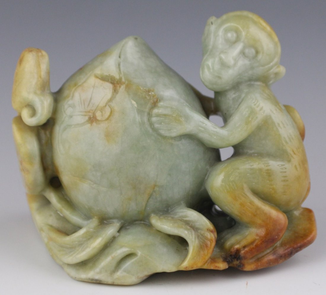 CHINESE CARVED JADE MONKEY WITH FRUIT