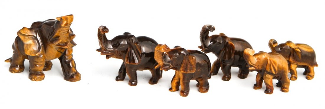 (6) CHINESE CARVED TIGER'S EYE ELEPHANTS