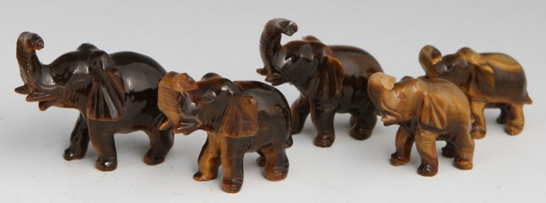 (6) CHINESE CARVED TIGER'S EYE ELEPHANTS - 3