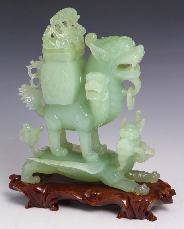 CHINESE JADE FOO DOG AND DRAGON STACKED CENSER