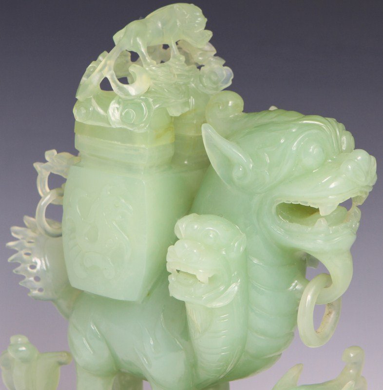 CHINESE JADE FOO DOG AND DRAGON STACKED CENSER - 2