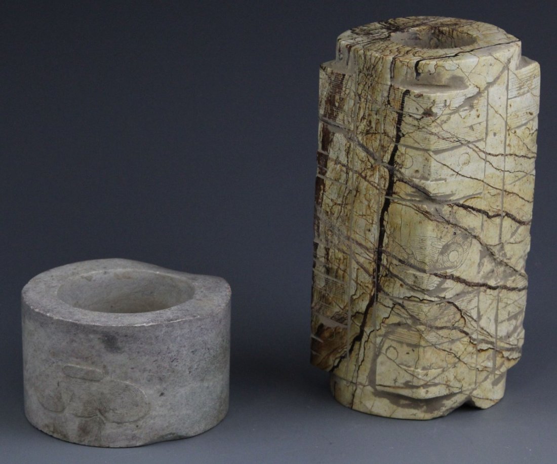 (2) FENG SHUI HARD STONE CONG CYLINDERS - 2