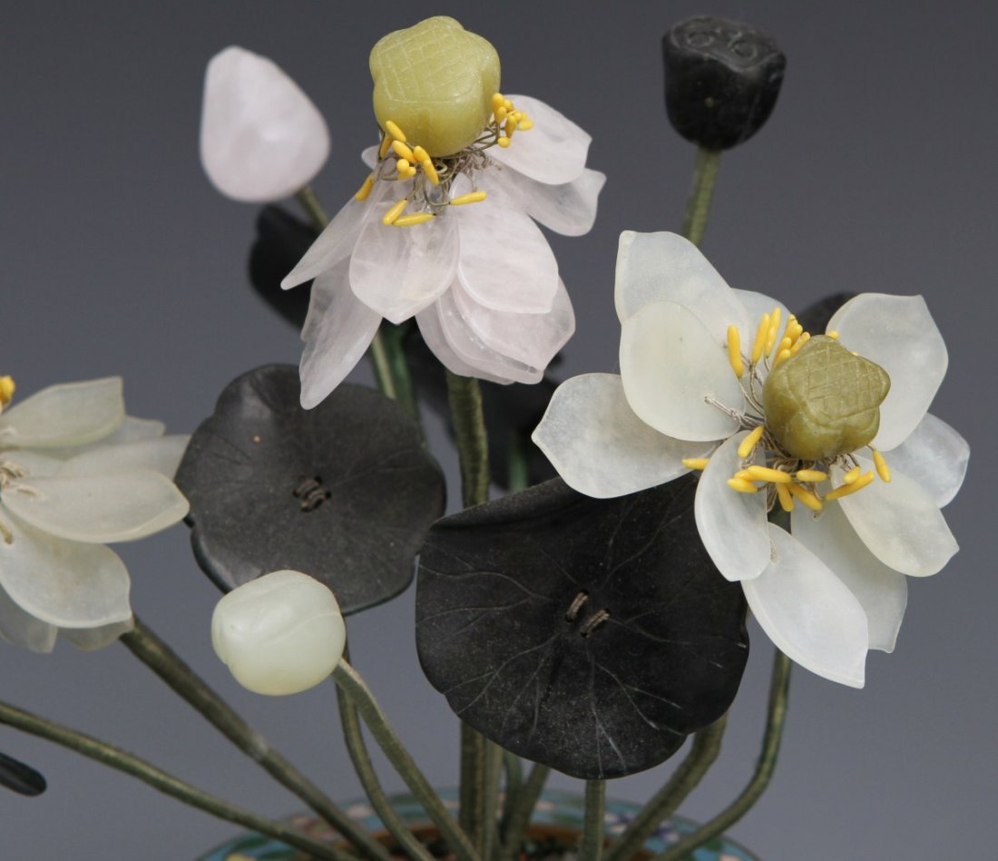 (2) STONE CARVED FLOWERS IN CLOISONNE POTS - 2