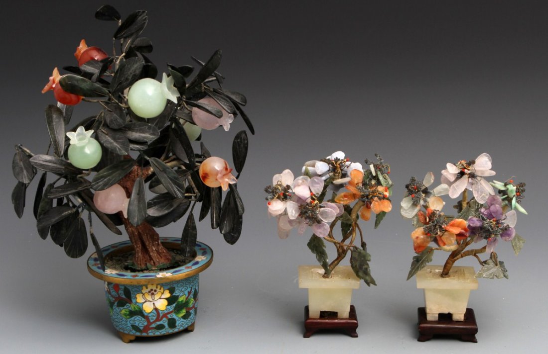 (3) STONE CARVED FLOWERING POTTED PLANTS