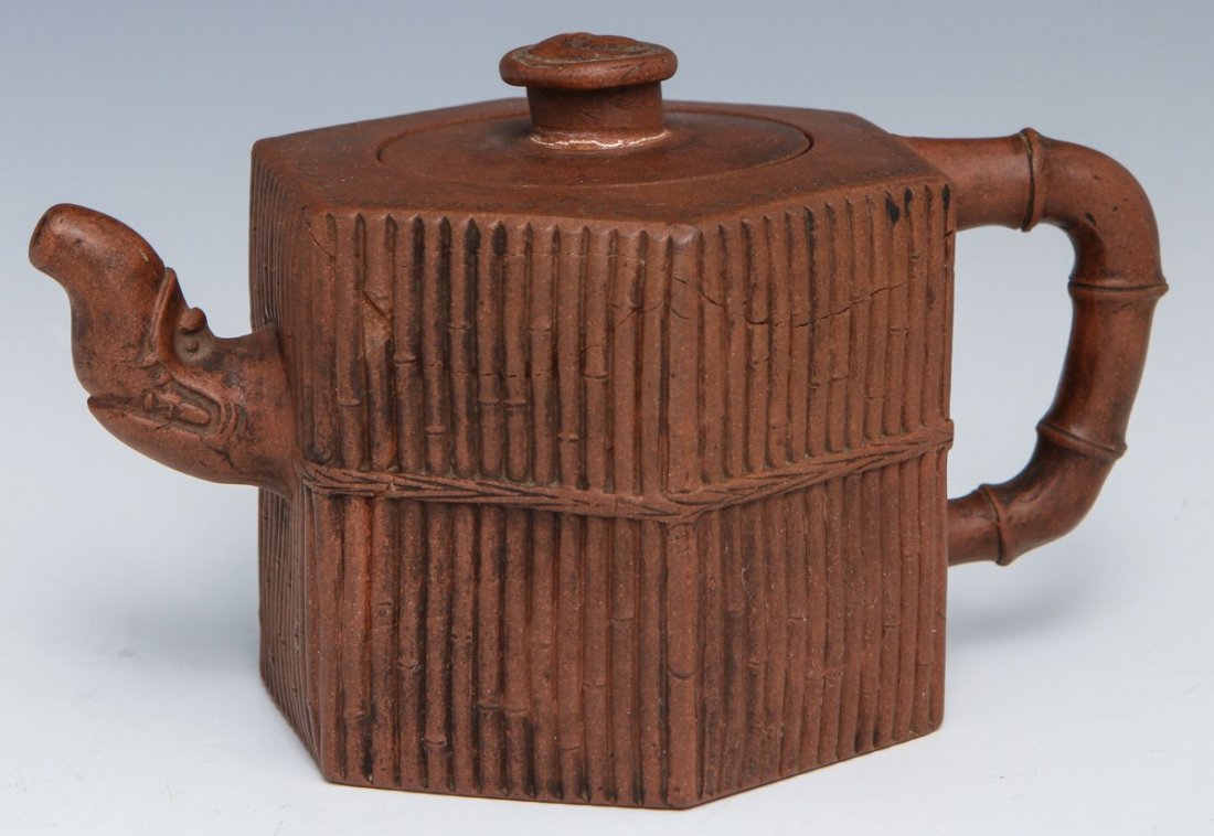 HEXAGONAL YIXING ZISHA BAMBOO TEAPOT YIN YANG