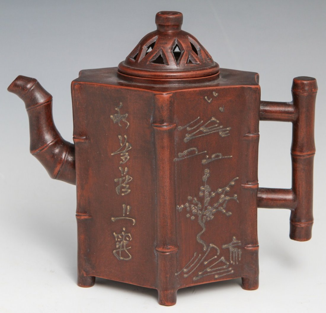 HEXAGONAL YIXING ZISHA TEAPOT WITH BAMBOO MOTIF