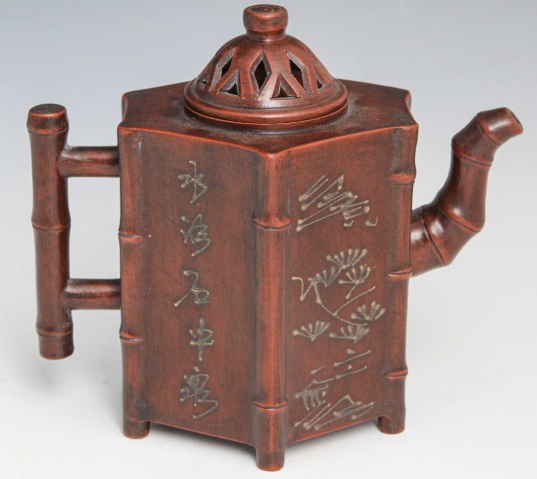 HEXAGONAL YIXING ZISHA TEAPOT WITH BAMBOO MOTIF - 2