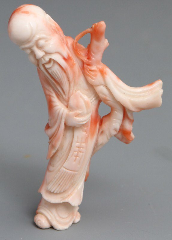 JAPANESE CARVED CORAL LUCKY GOD FUKUROKUJU
