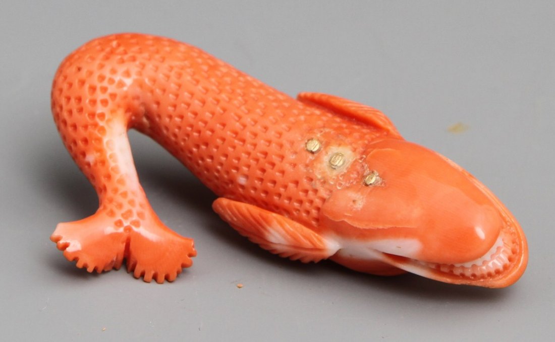 JAPANESE CORAL CARVING OF CARP FISH - 2