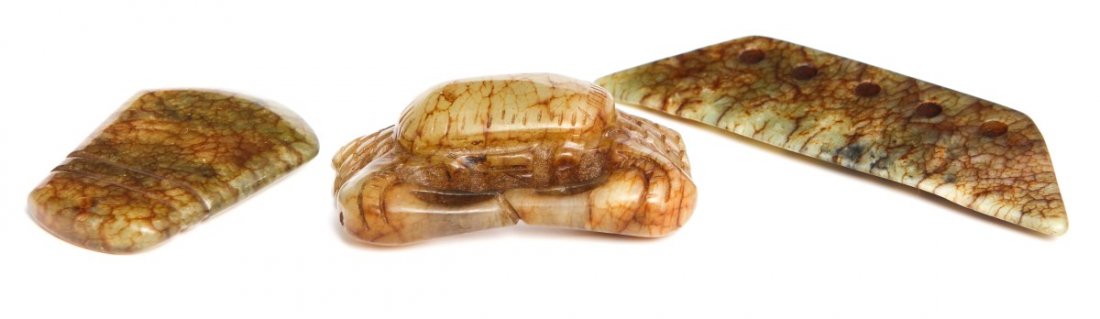 MOTTLED CHINESE JADE RHOMBOID, CRAB & PENDANT