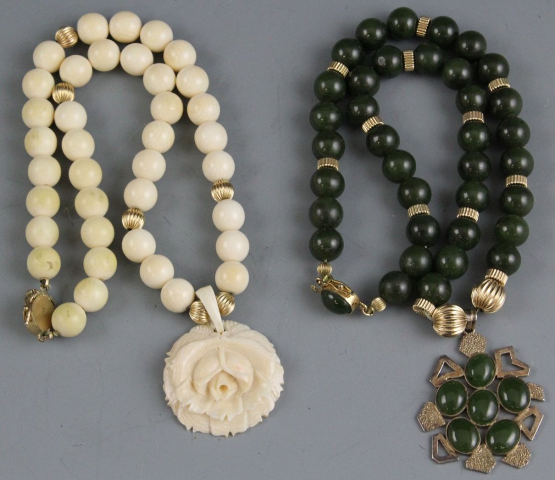 IVORY BEADED FLOWER NECKLACE & JADE BEAD NECKLACE