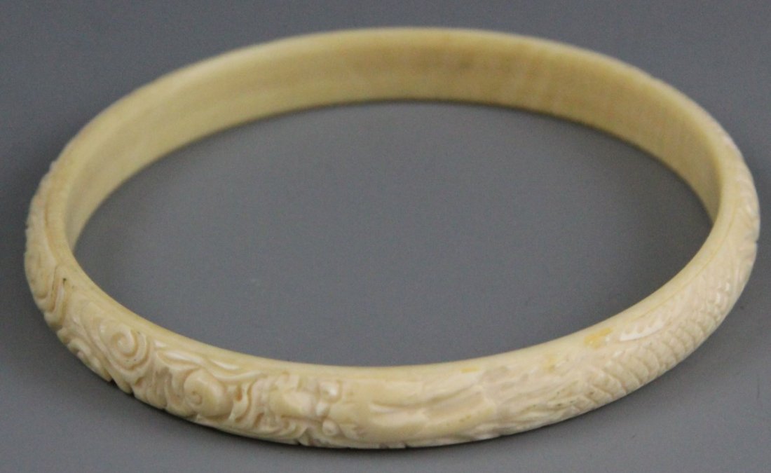 CARVED IVORY BANGLE BRACELET FLORAL MOTIF