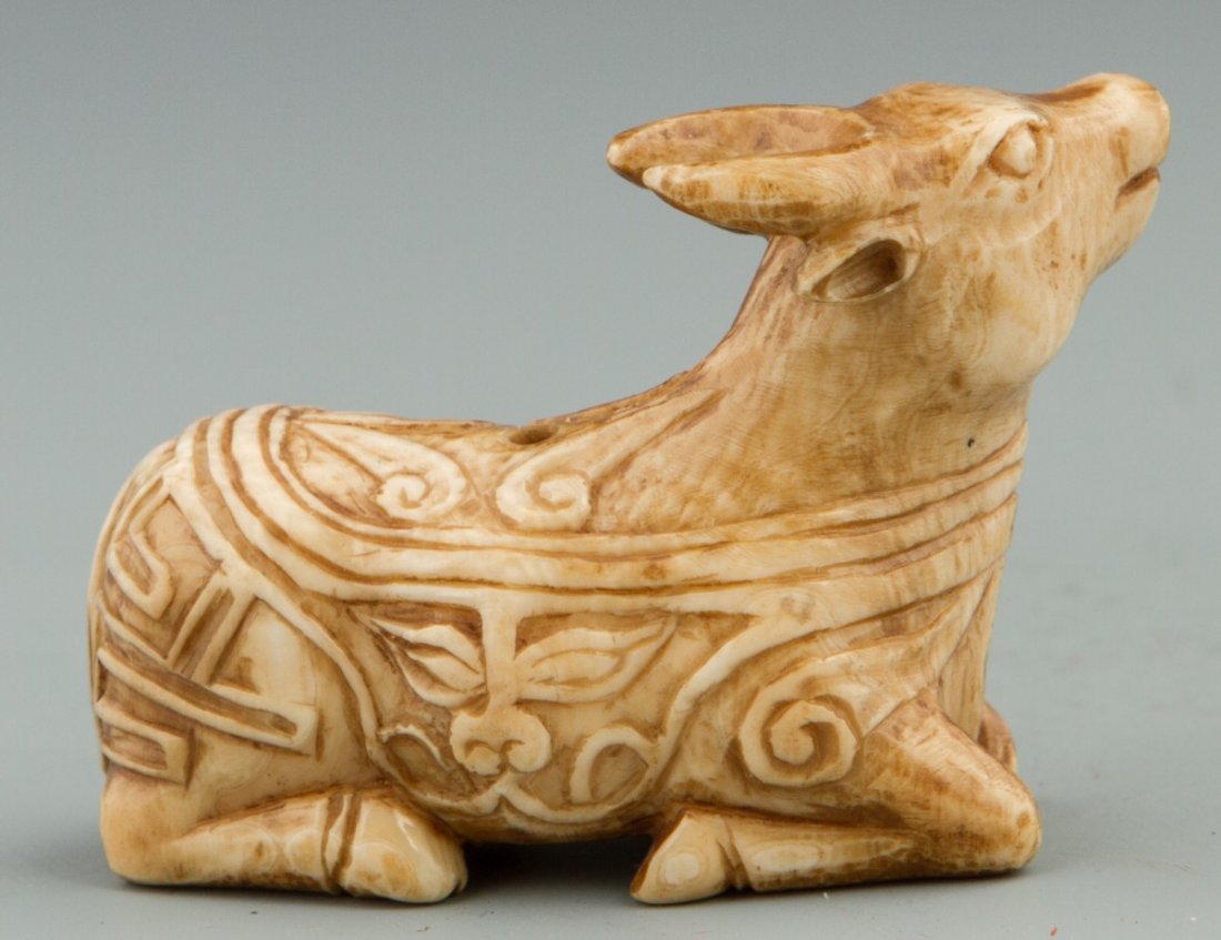 CARVED IVORY OX PENDANT STAINED - 2
