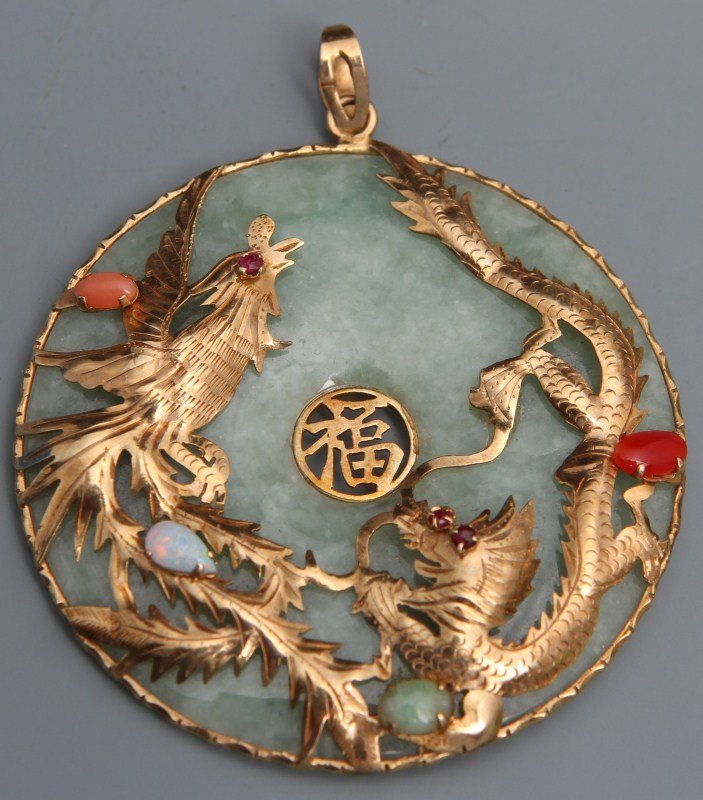 14K YELLOW GOLD AND JADE PENDANT PHOENIX/DRAGON