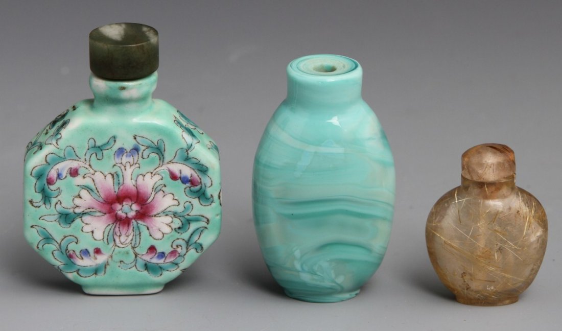 (3) CHINESE SNUFF BOTTLES PORCELAIN GLASS QUARTZ