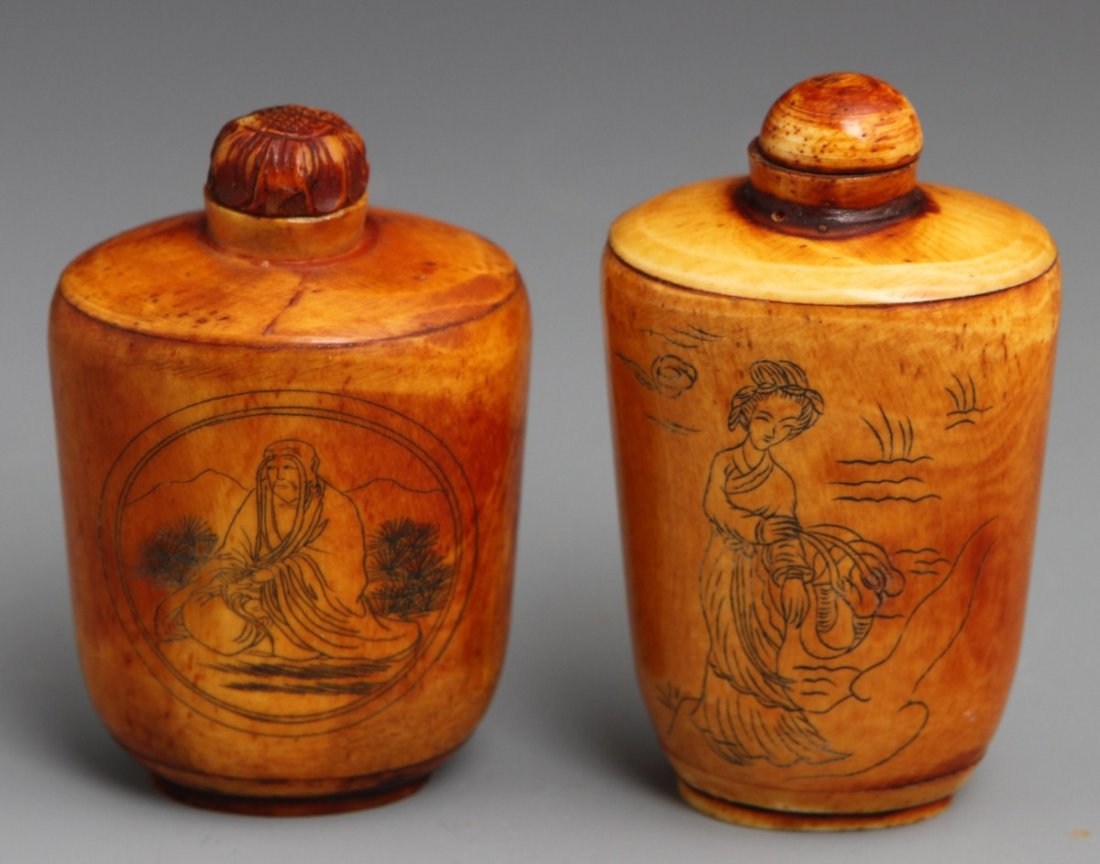 (2) STAINED ETCHED BONE SNUFF BOTTLES - 2