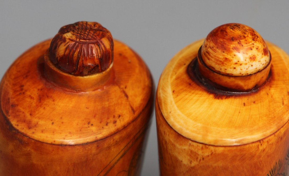 (2) STAINED ETCHED BONE SNUFF BOTTLES - 3