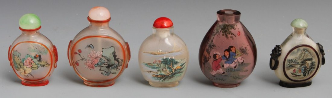 (5) REVERSE PAINTING TO GLASS SNUFF BOTTLES