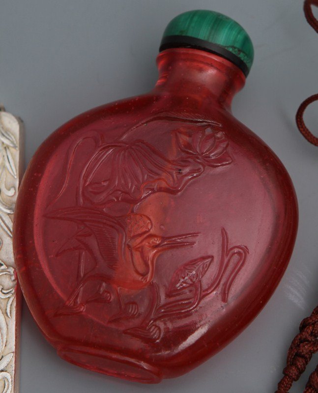 GLASS SNUFF BOTTLE (2) JADE PENDANT SILVER PENDANT - 4