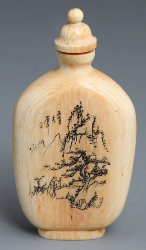 CHINESE CARVED IVORY SNUFF BOTTLE CALLIGRAPHY
