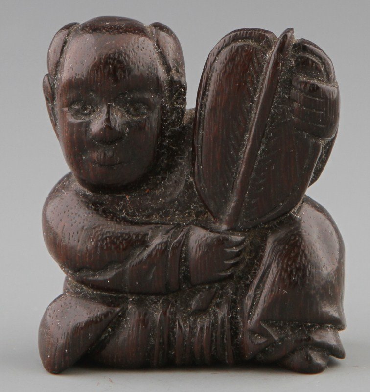 CARVED WOODEN NETSUKE OF LUCKY GOD HOTEI SIGNED