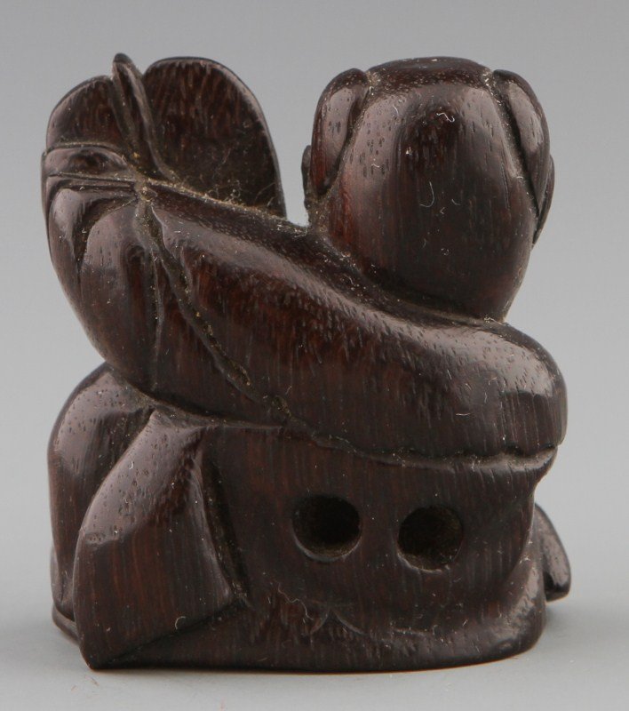 CARVED WOODEN NETSUKE OF LUCKY GOD HOTEI SIGNED - 2