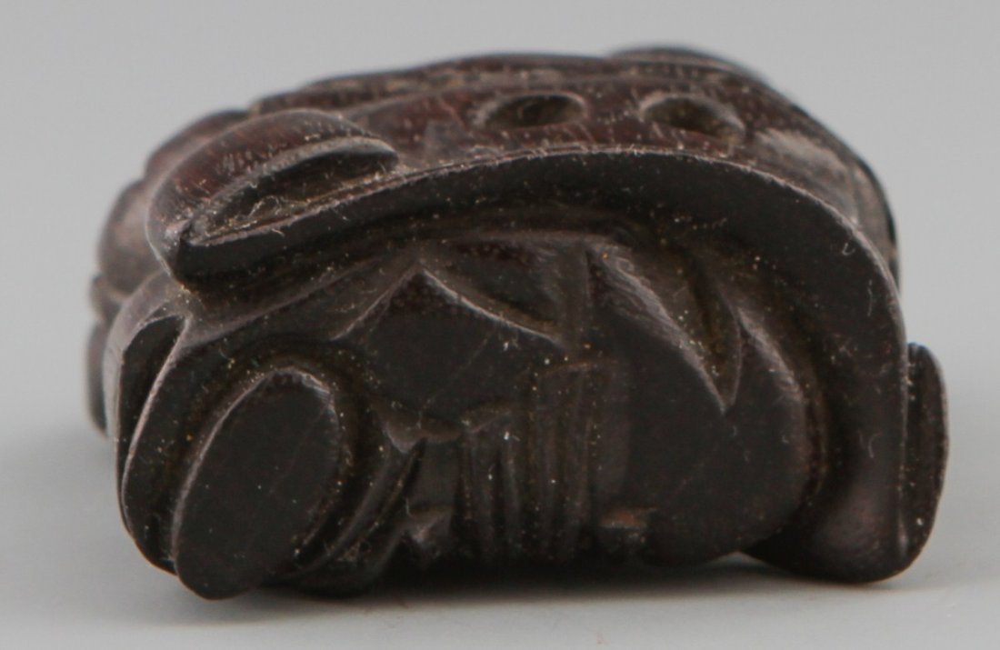 CARVED WOODEN NETSUKE OF LUCKY GOD HOTEI SIGNED - 3