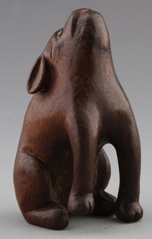 CARVED WOODEN NETSUKE OF HOWLING WOLF - 2