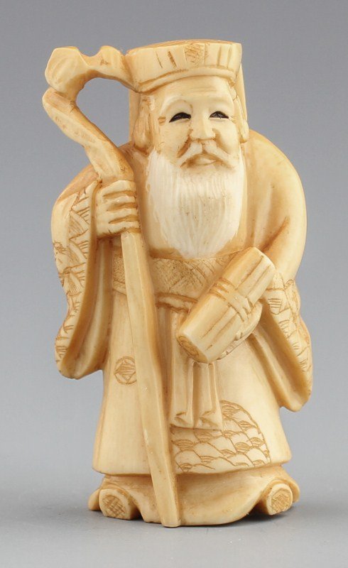 JAPANESE CARVED IVORY NETSUKE JUROJIN