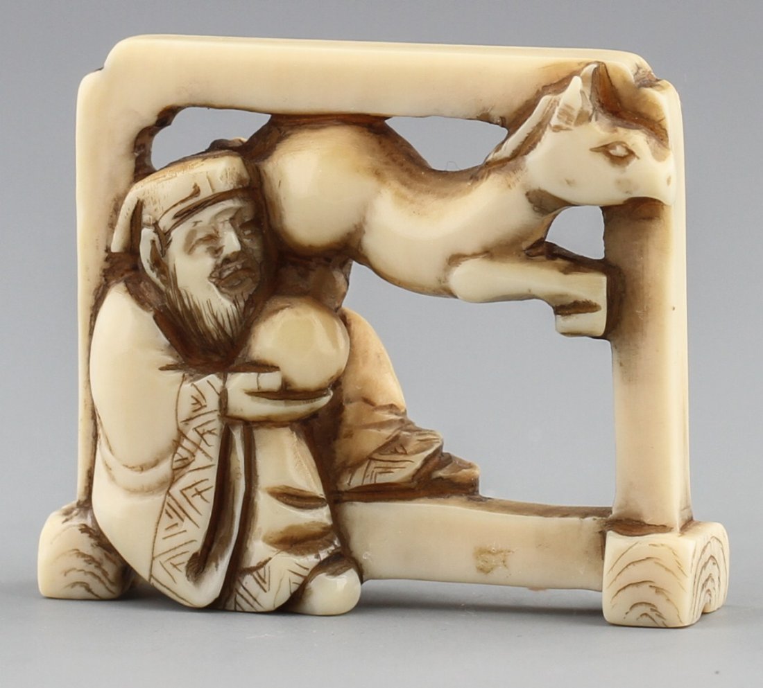 JAPANESE CARVED IVORY NETSUKE MAN W/ JUMPING HORSE