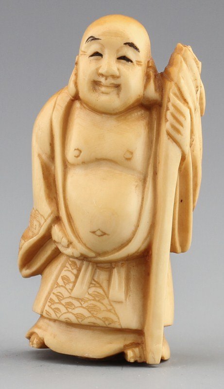 JAPANESE CARVED IVORY NETSUKE HOTEI: JAPANESE CARVED IVORY NETSUKE HOTEI Japanese carved ivory netsuke figure of hotei. No signature. Size: 2 x 1 x .5" Weight: 18g