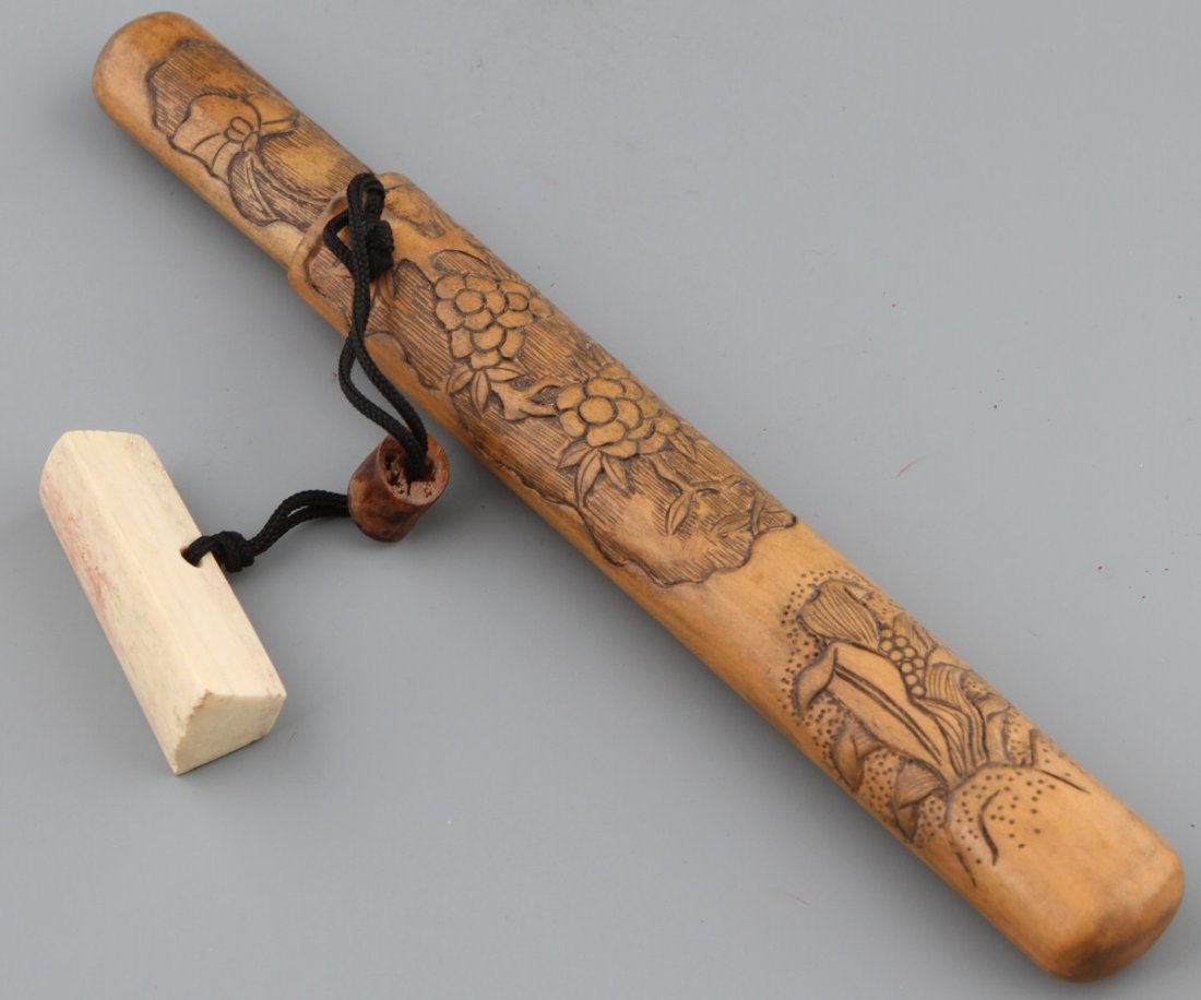 JAPANESE EMBOSSED WOOD INRO WITH BONE NETSUKE