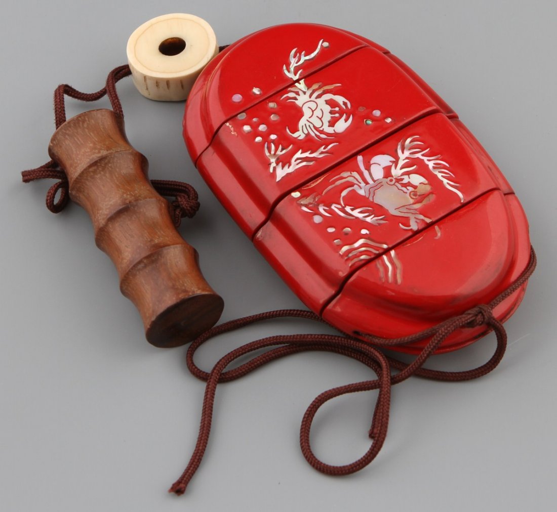 JAPANESE WOOD INRO WITH NETSUKE AND BONE OJIME