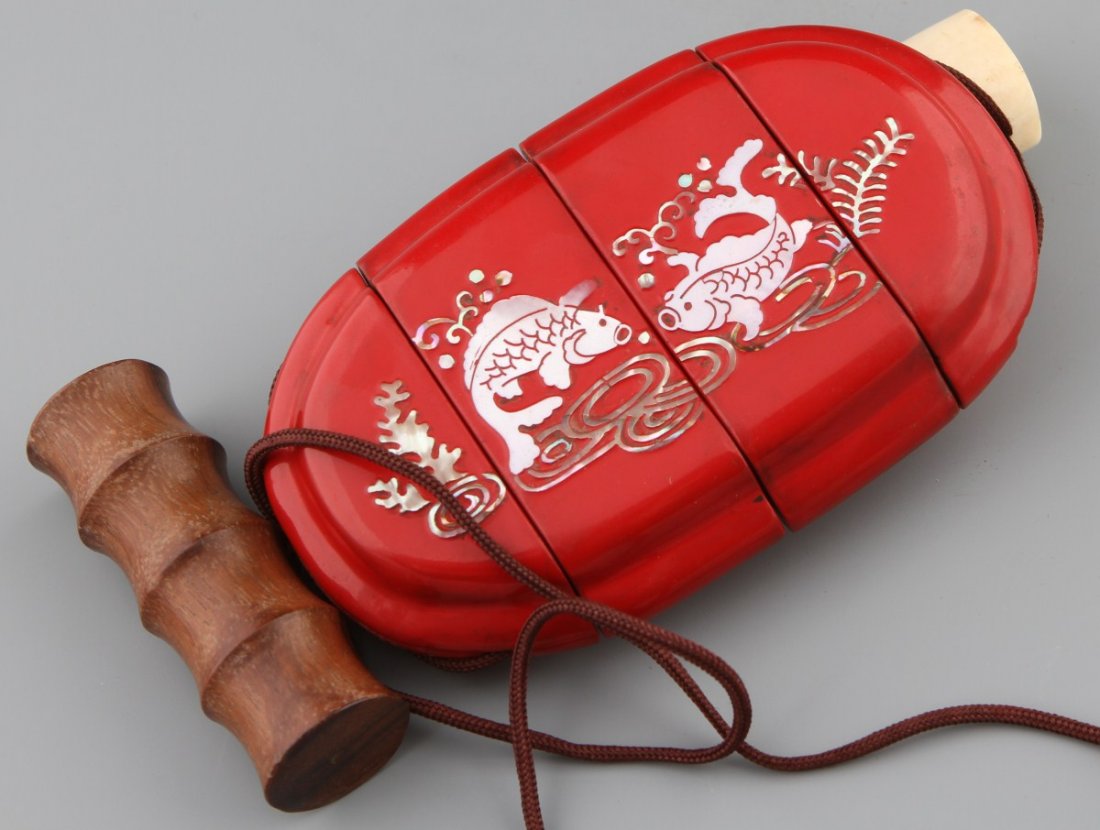 JAPANESE WOOD INRO WITH NETSUKE AND BONE OJIME - 3