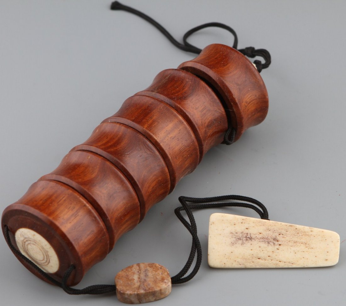 JAPANESE WOOD INRO WITH BONE NETSUKE