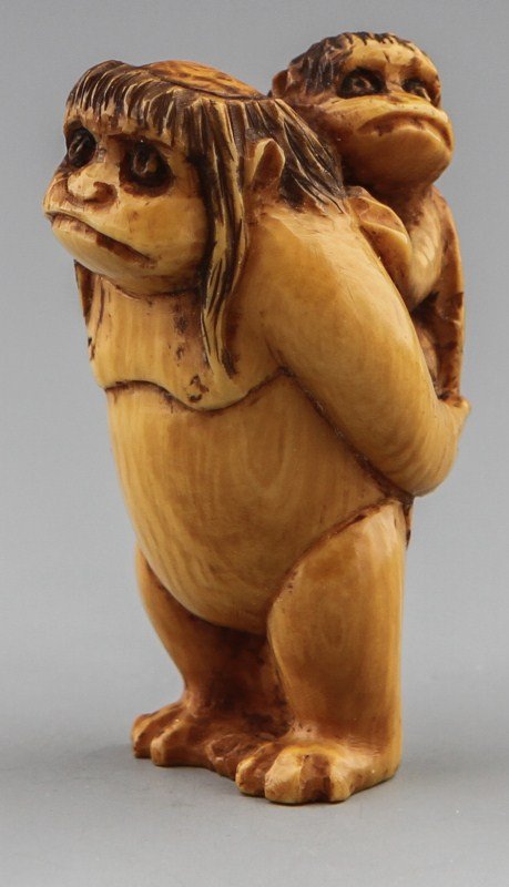 JAPANESE CARVED IVORY NETSUKE KAPPA AND CHILD