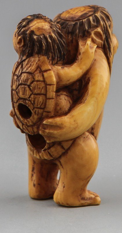 JAPANESE CARVED IVORY NETSUKE KAPPA AND CHILD - 2