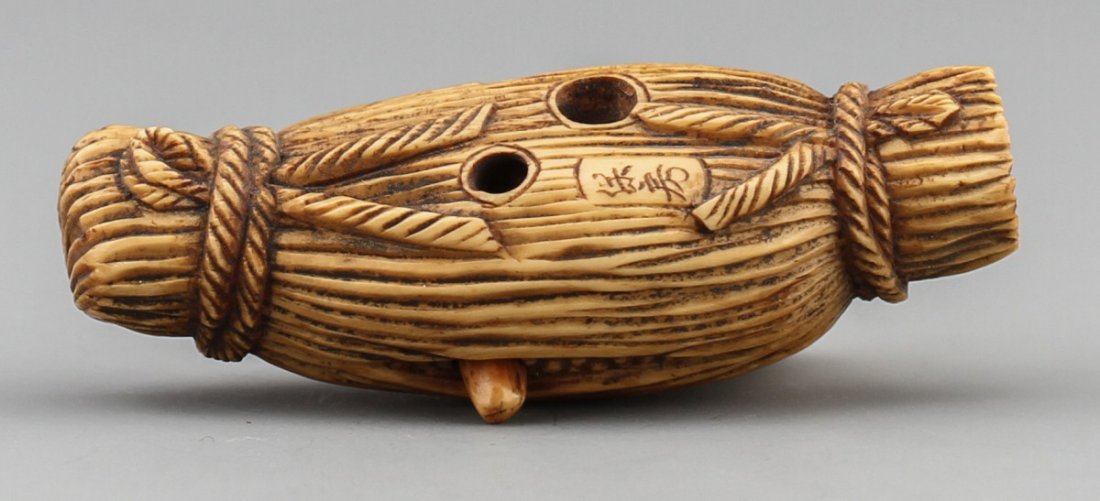CARVED IVORY KARAKURI NETSUKE RAT WITH SNAKE - 3