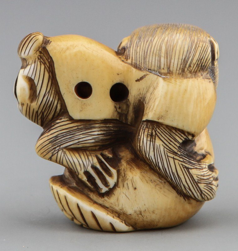 JAPANESE CARVED IVORY NETSUKE MONKEY IN CLOTHES - 2
