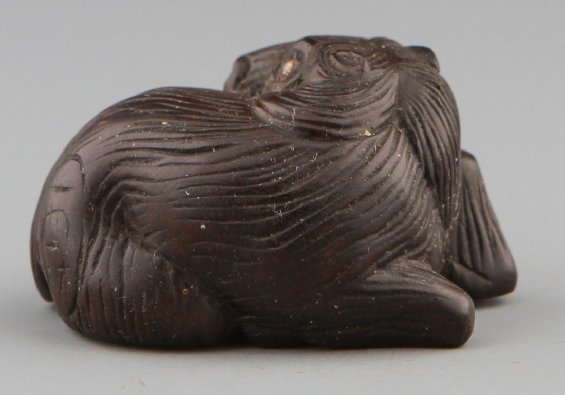 JAPANESE CARVED WOODEN NETSUKE LYING HORSE - 2