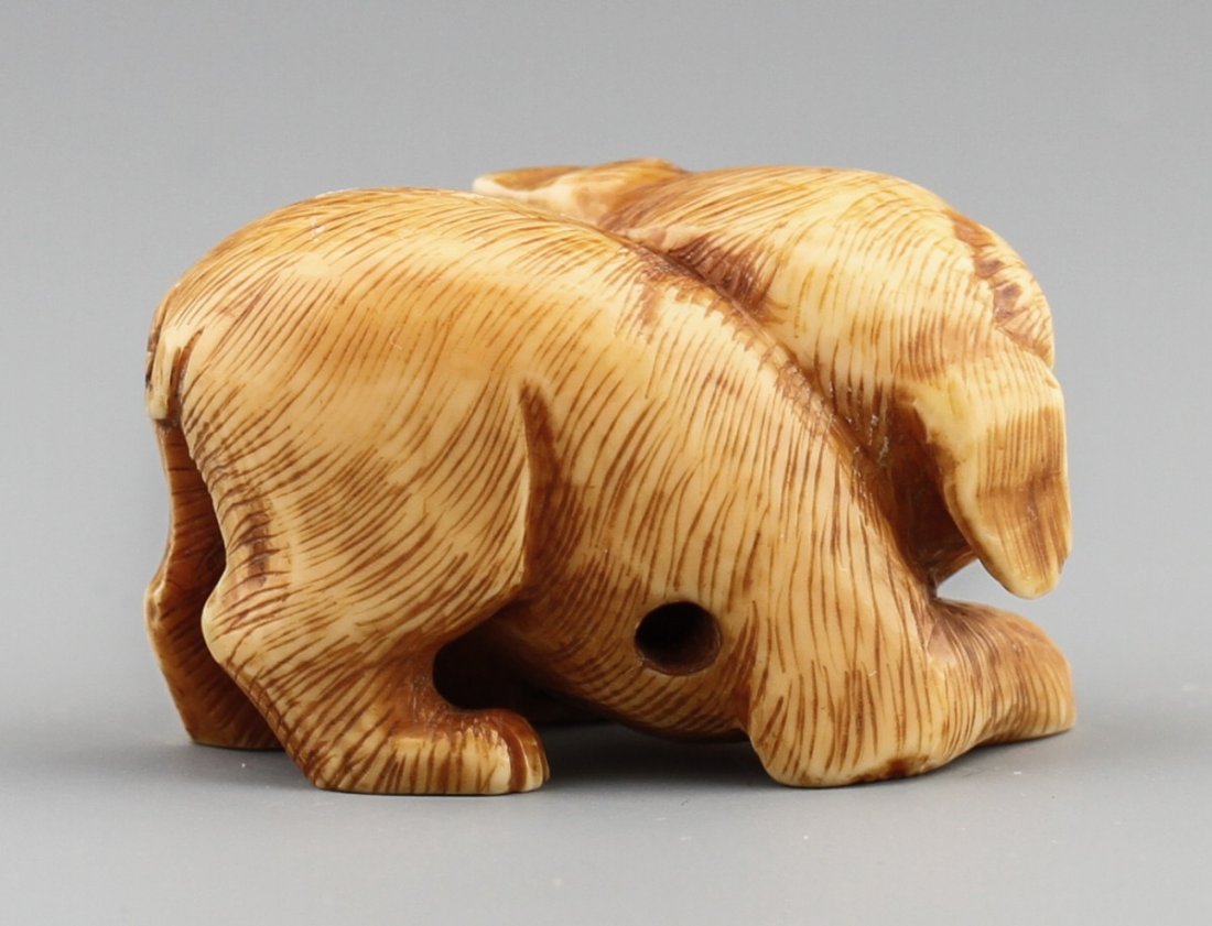 JAPANESE CARVED IVORY NETSUKE FROG AND PUPPY - 2