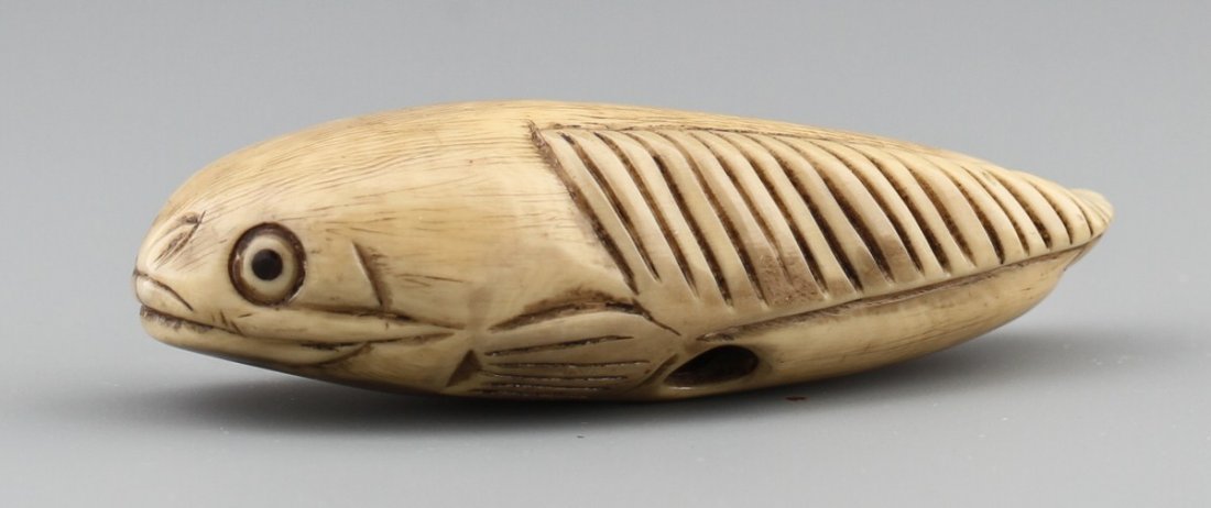 JAPANESE CARVED IVORY NETSUKE AMBULATORY FISH - 2