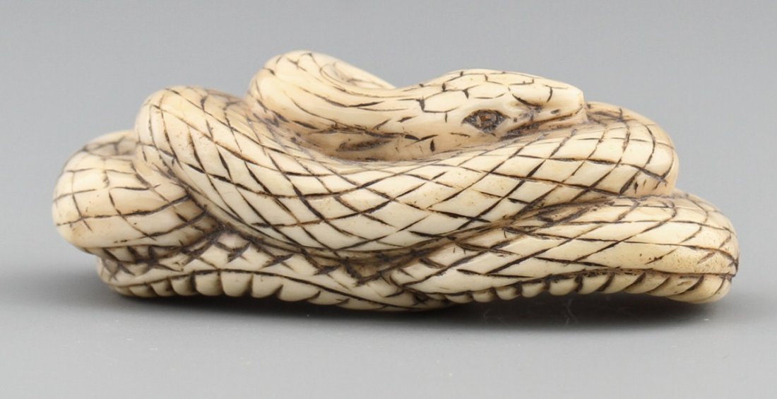 JAPANESE CARVED IVORY NETSUKE COILED SNAKE - 2
