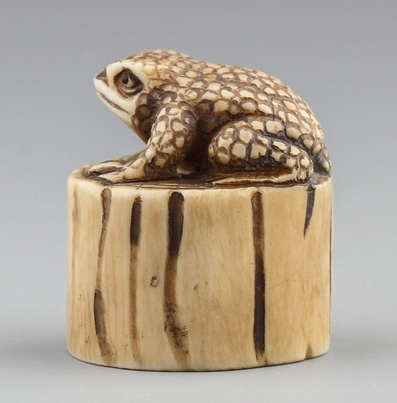 JAPANESE CARVED IVORY NETSUKE TOAD ON A LOG - 2