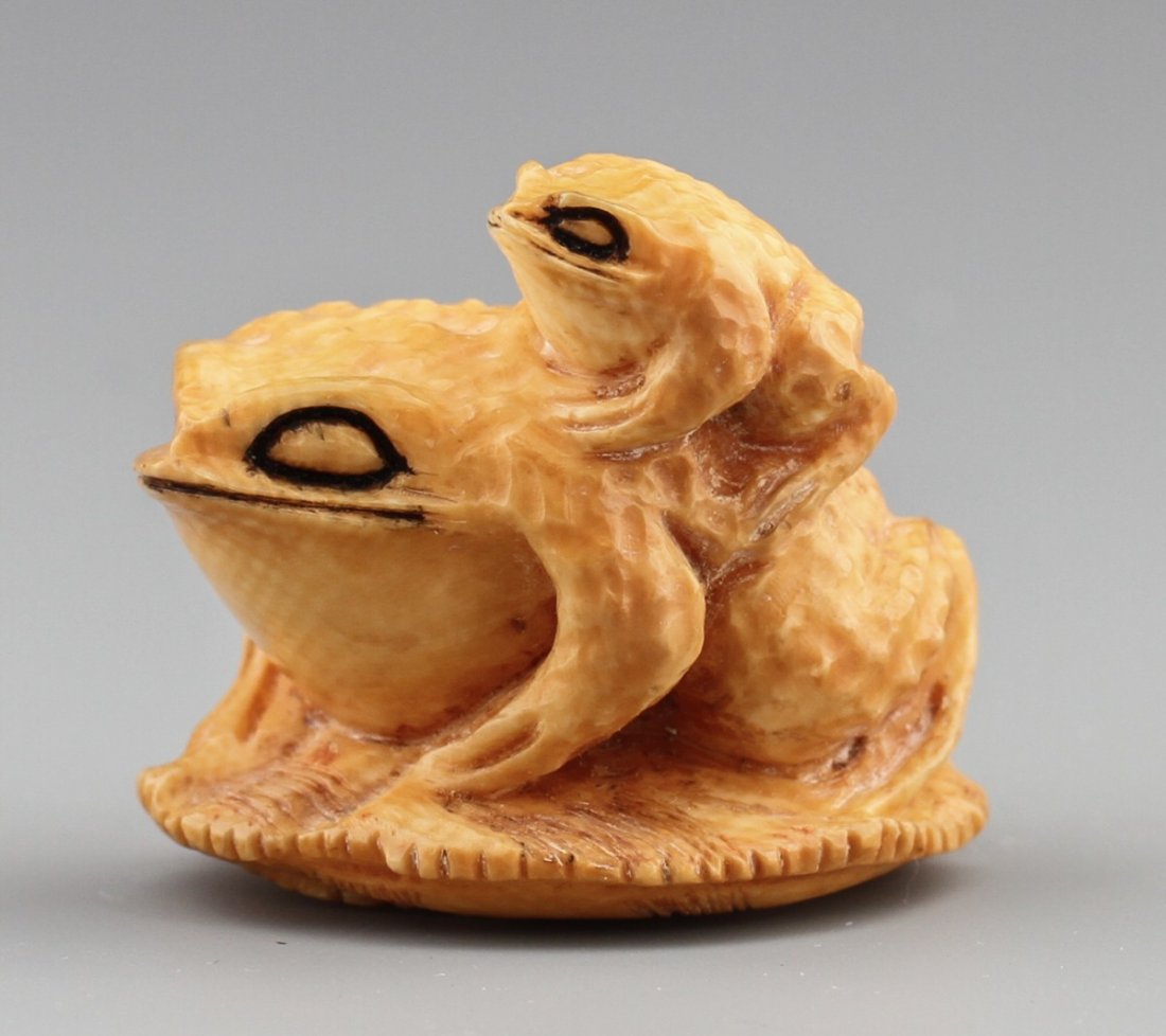 JAPANESE CARVED IVORY NETSUKE TWO FROGS: JAPANESE CARVED IVORY NETSUKE TWO FROGS Japanese carved ivory netsuke of a smaller frog resting on larger frogs head. Very good detail and signed. Size: 1.5 x 1.75" Weight: 33.1g