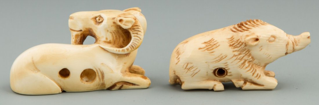 JAPANESE CARVED IVORY NETSUKES RAM AND BOAR - 2