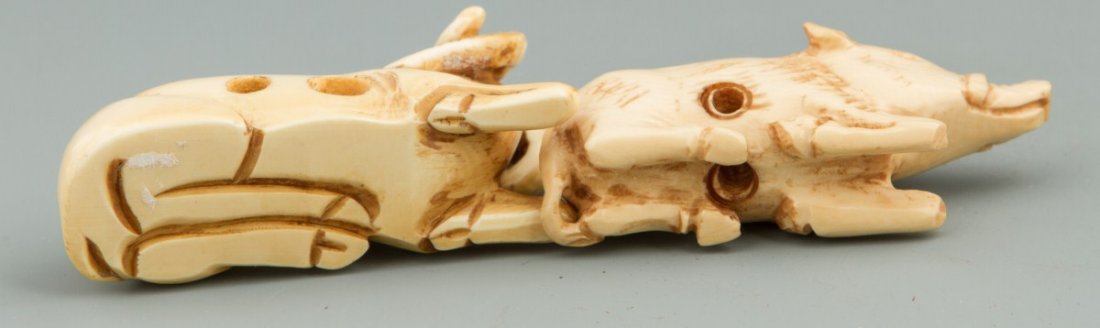 JAPANESE CARVED IVORY NETSUKES RAM AND BOAR - 3